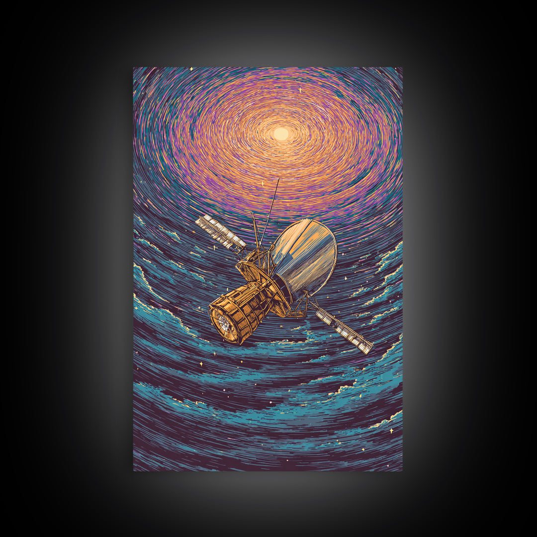 Golden Satellite In Starry Vortex Framed Canvas Print, Space Abstract Wall Art, Modern Sci Fi Poster, Cosmic Retro Decor