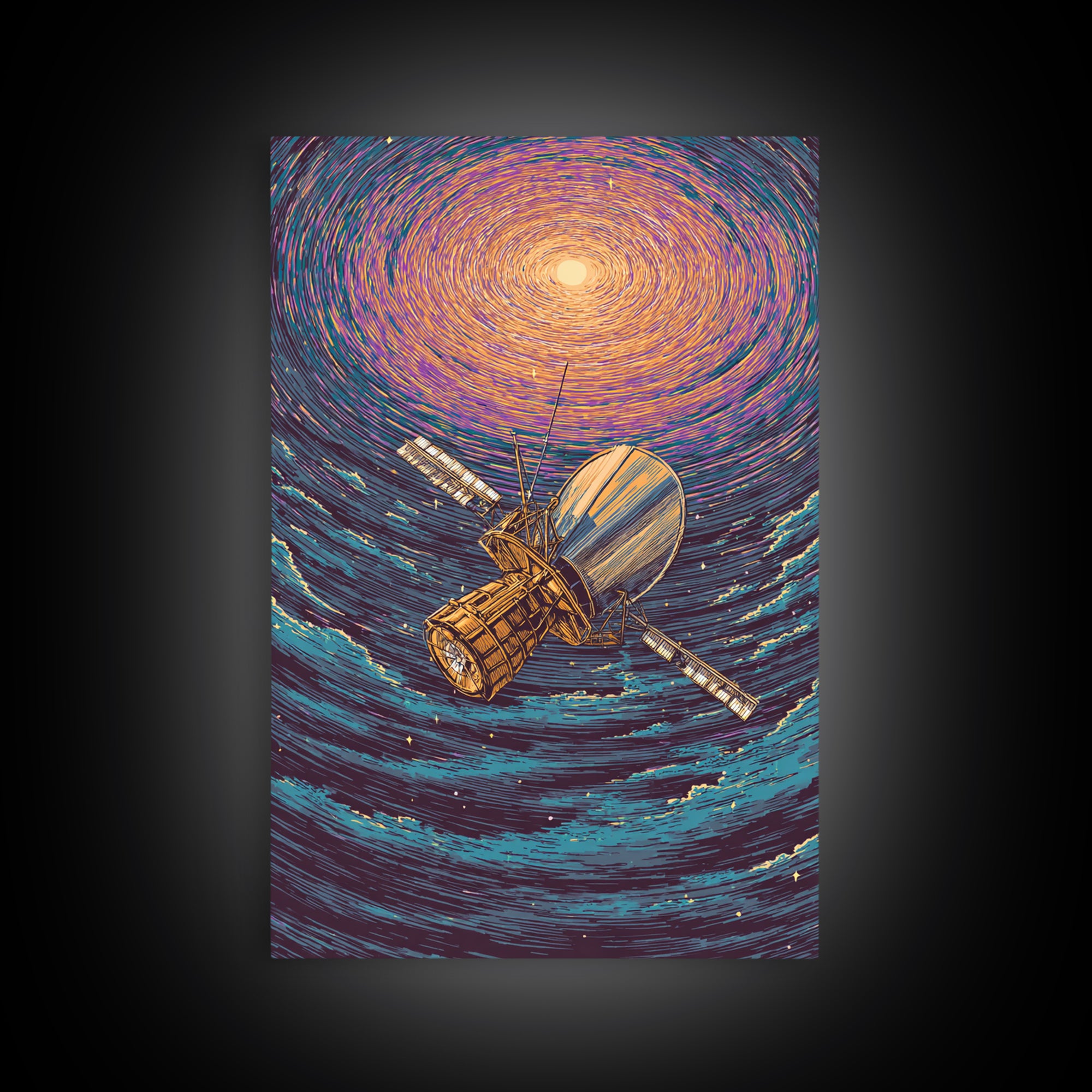 Golden Satellite In Starry Vortex Framed Canvas Print, Space Abstract Wall Art, Modern Sci Fi Poster, Cosmic Retro Decor