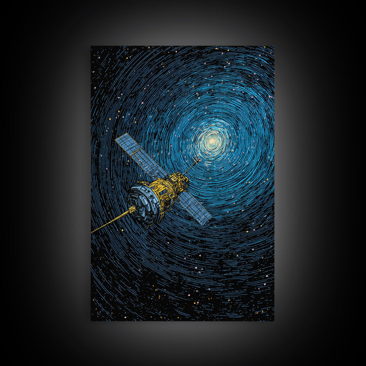 Blue Satellite Drifting Through Star Vortex Canvas Print, Modern Space Wall Art, Sci Fi Poster, Astronomy Office Decor Gift