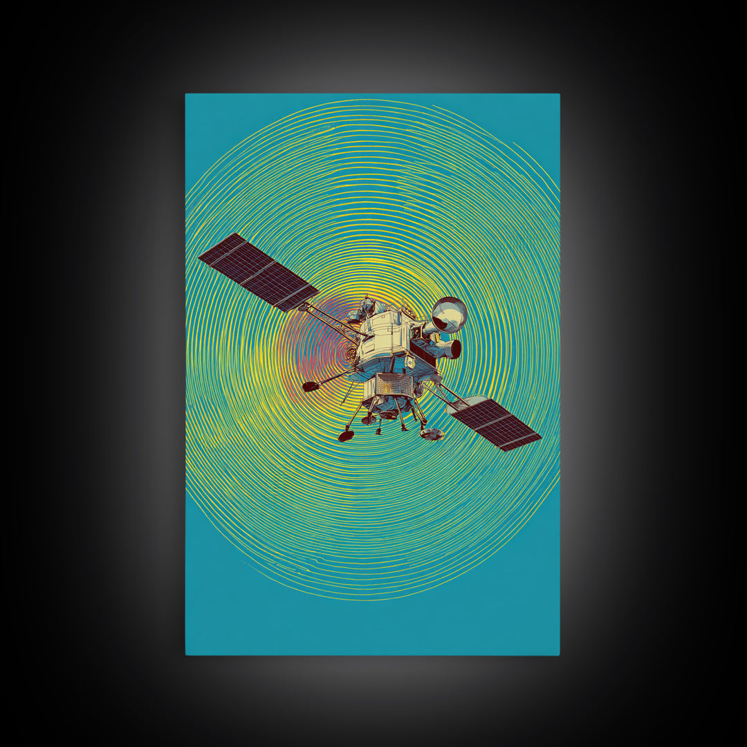 Lunar Probe With Neon Signal Waves Wall Art, Midcentury Modern Space Poster, Colorful Sci Fi Print, Retro Office Decor Gift