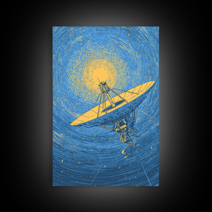 Radio Telescope Beneath Swirling Sun Canvas Print, Modern Space Wall Art, Astronomy Poster, Blue Midcentury Decor Gift Idea