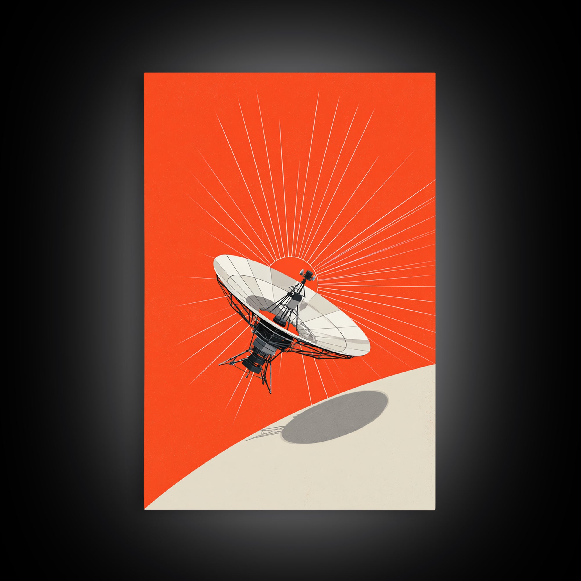 Satellite Dish Over Orange Planet Framed Canvas Print, Retro Space Wall Art, Modern Sci Fi Poster, Bold Office Decor Gift