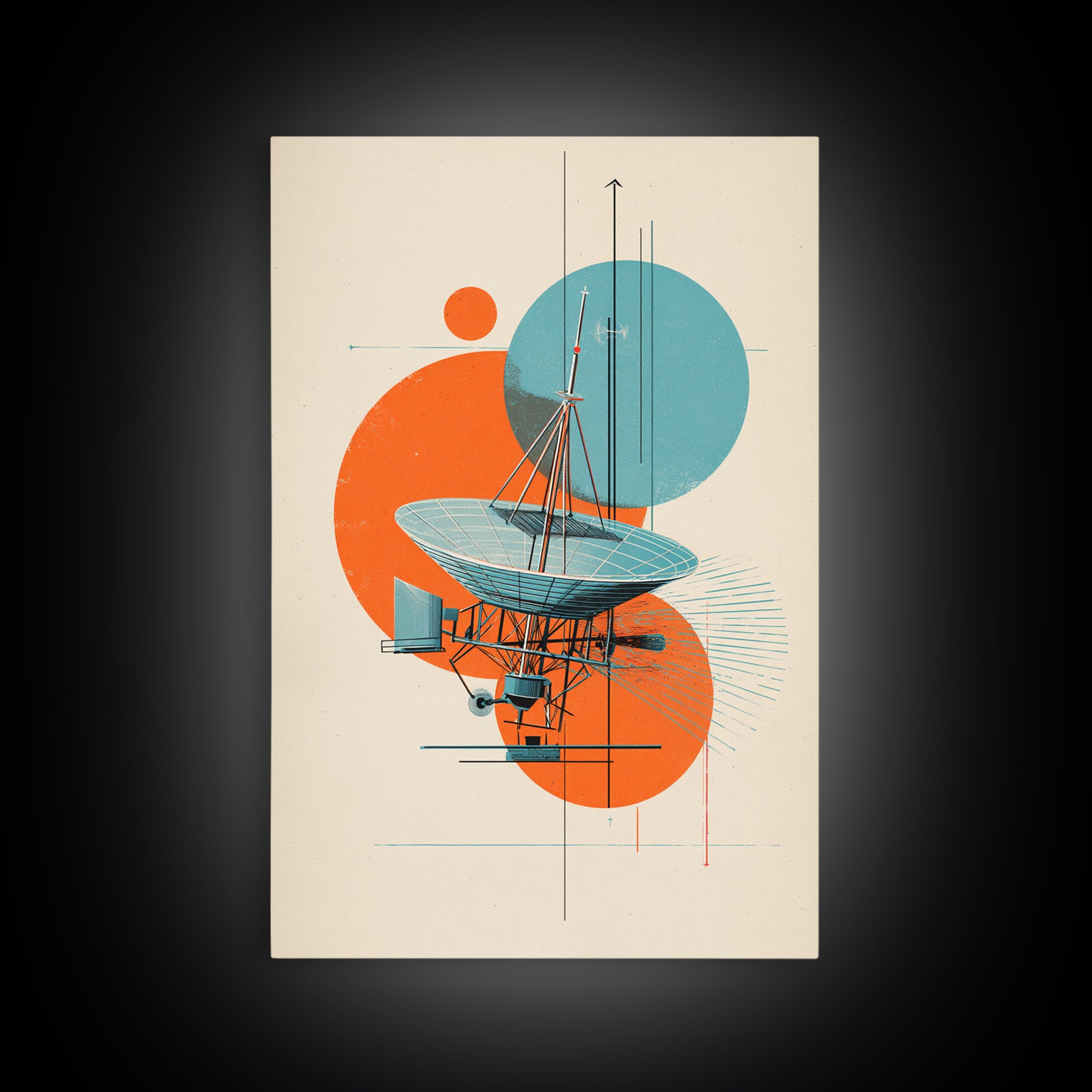 Abstract Radio Telescope With Orange Teal Circles Wall Art, Bauhaus Midcentury Modern Poster, Geometric Office Decor Print