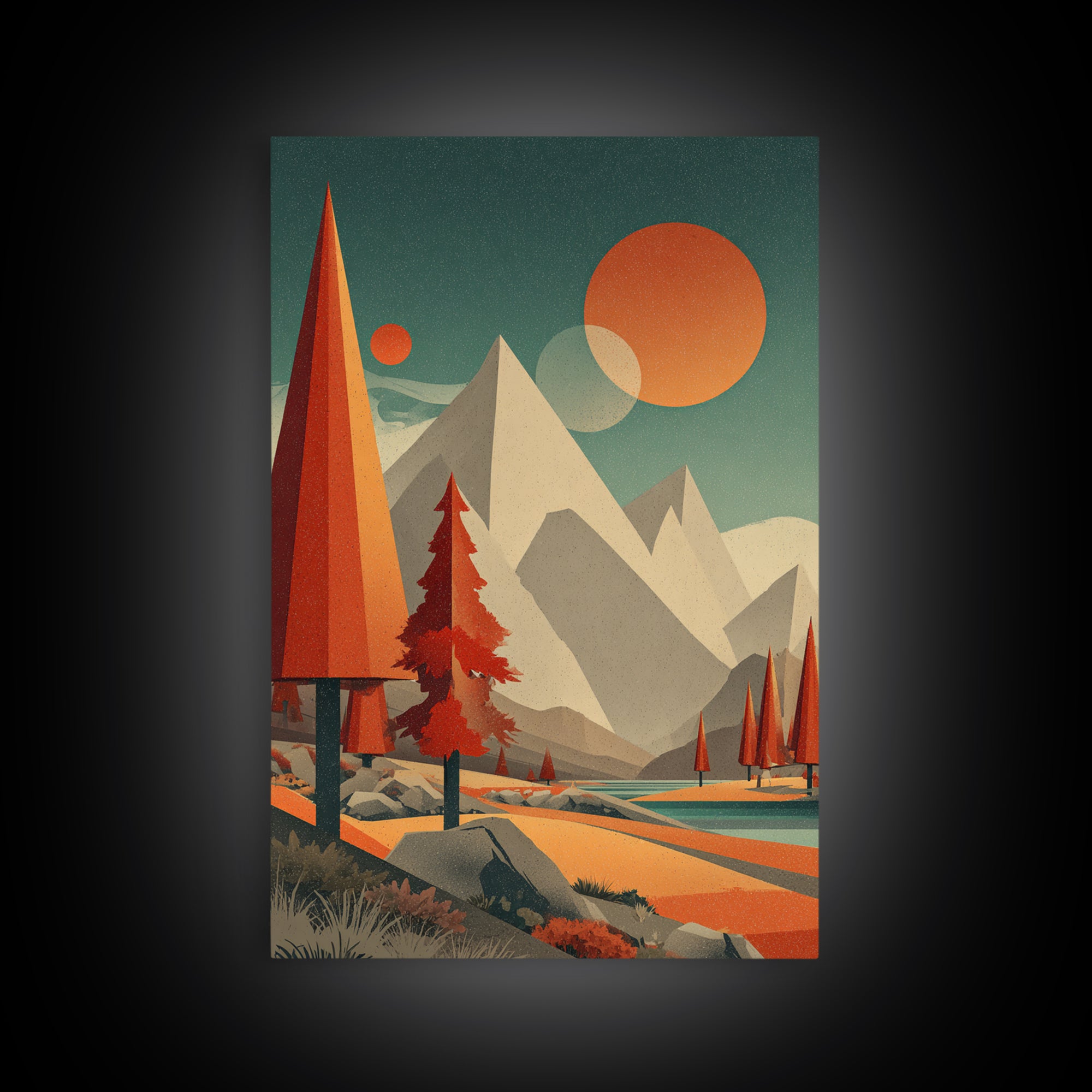 Pyramid Peaks And Orange Suns Framed Canvas Print, Midcentury Modern Alpine Landscape, Retro Mountain Lake Wall Decor For Cabin Living Room
