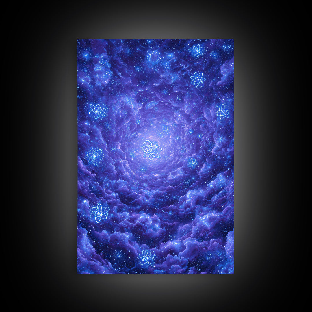 Purple Cosmic Clouds With Atom Symbols Wall Art, Retro Sci Fi Space Poster, Modern Abstract Art, Blue Art Print, Dorm Decor