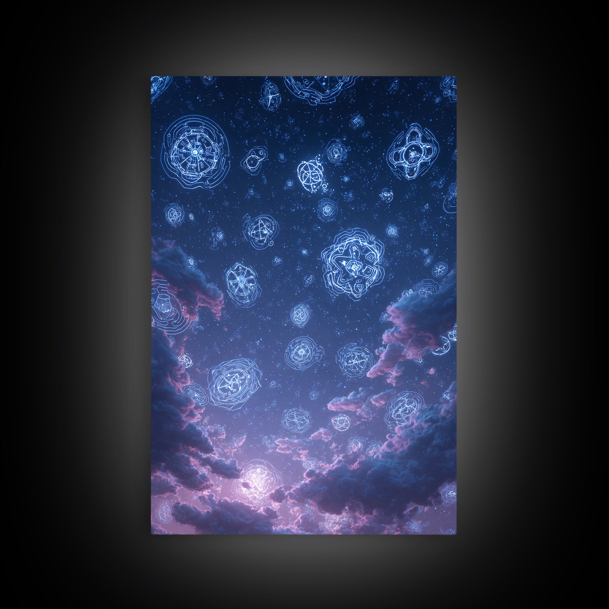 Glowing Celestial Glyphs In Starry Clouds Wall Art, Mystical Space Abstract Poster, Modern Wall Decor, Blue Cosmic Art Print