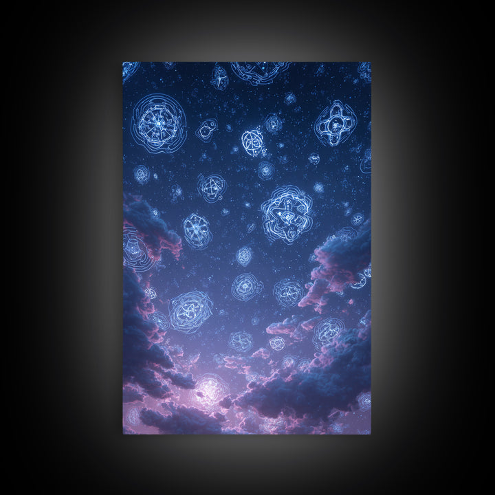 Glowing Celestial Glyphs In Starry Clouds Wall Art, Mystical Space Abstract Poster, Modern Wall Decor, Blue Cosmic Art Print