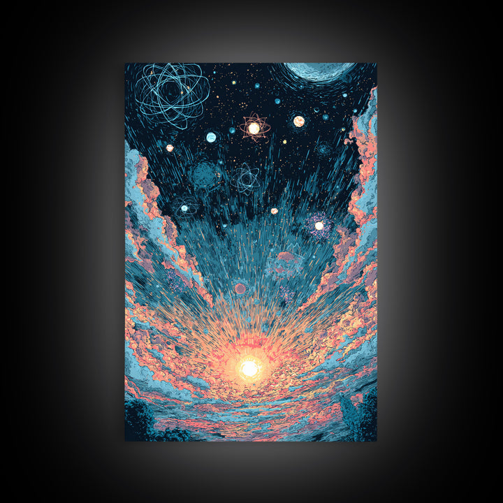 Retro Space Sunrise With Planets And Atoms Canvas Print, Midcentury Modern Art, Atomic Poster, Colorful Wall Decor, Retro Art Print