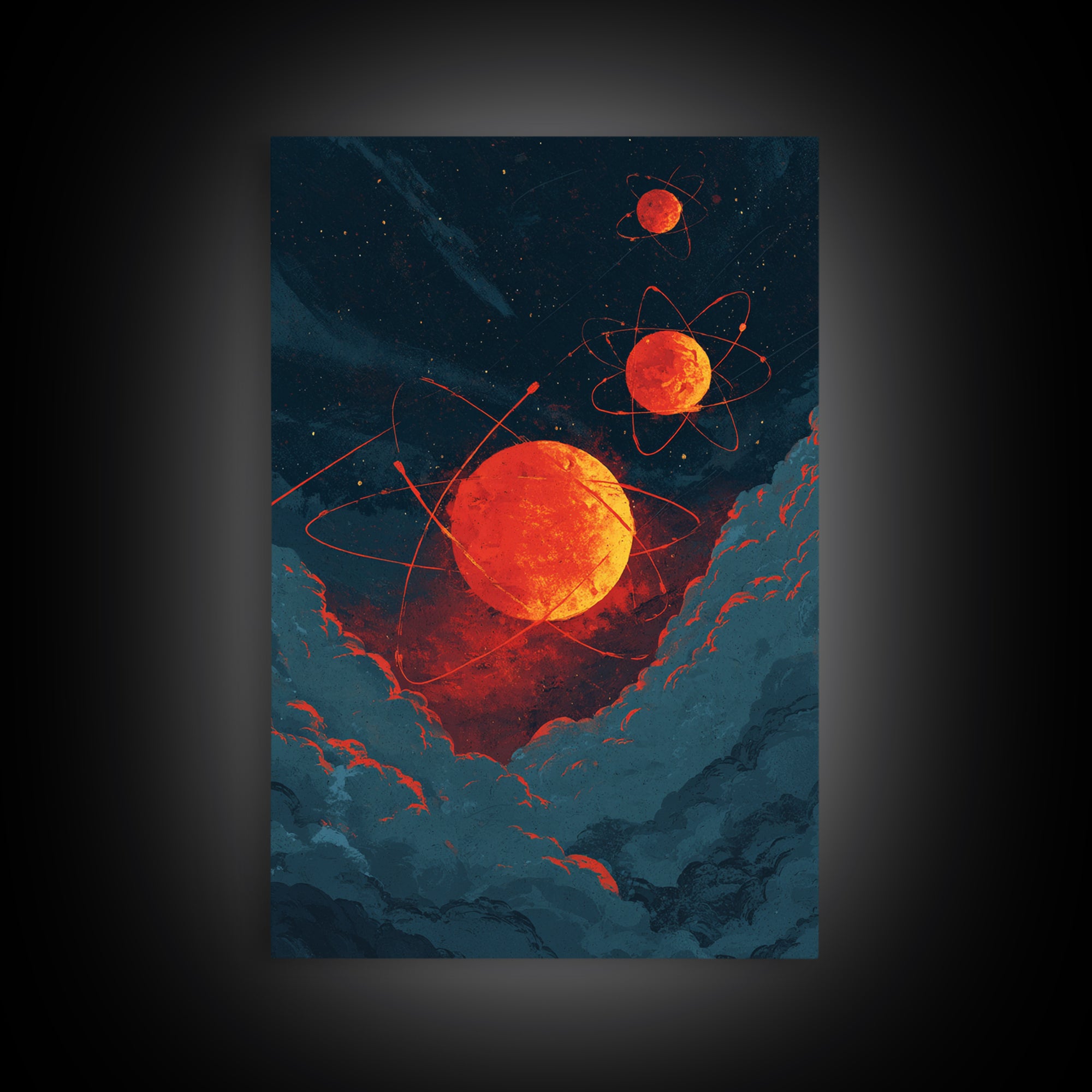 Fiery Red Atomic Planets In Dark Clouds Wall Art, Retro Sci Fi Poster, Modern Abstract Art, Orange Black Space Decor, Mcm Wall Art