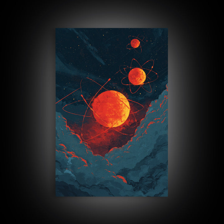 Fiery Red Atomic Planets In Dark Clouds Wall Art, Retro Sci Fi Poster, Modern Abstract Art, Orange Black Space Decor, Mcm Wall Art