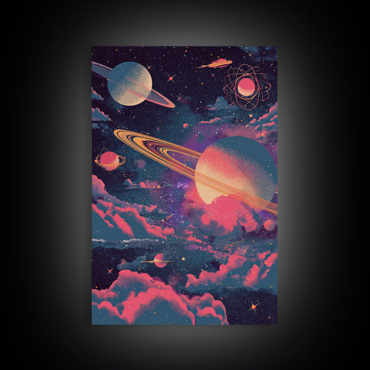 Neon Saturn Planets Above Pink Clouds Framed Canvas Print, Retro Space Poster, Modern Wall Art, Cosmic Home Decor, 70s Art Print
