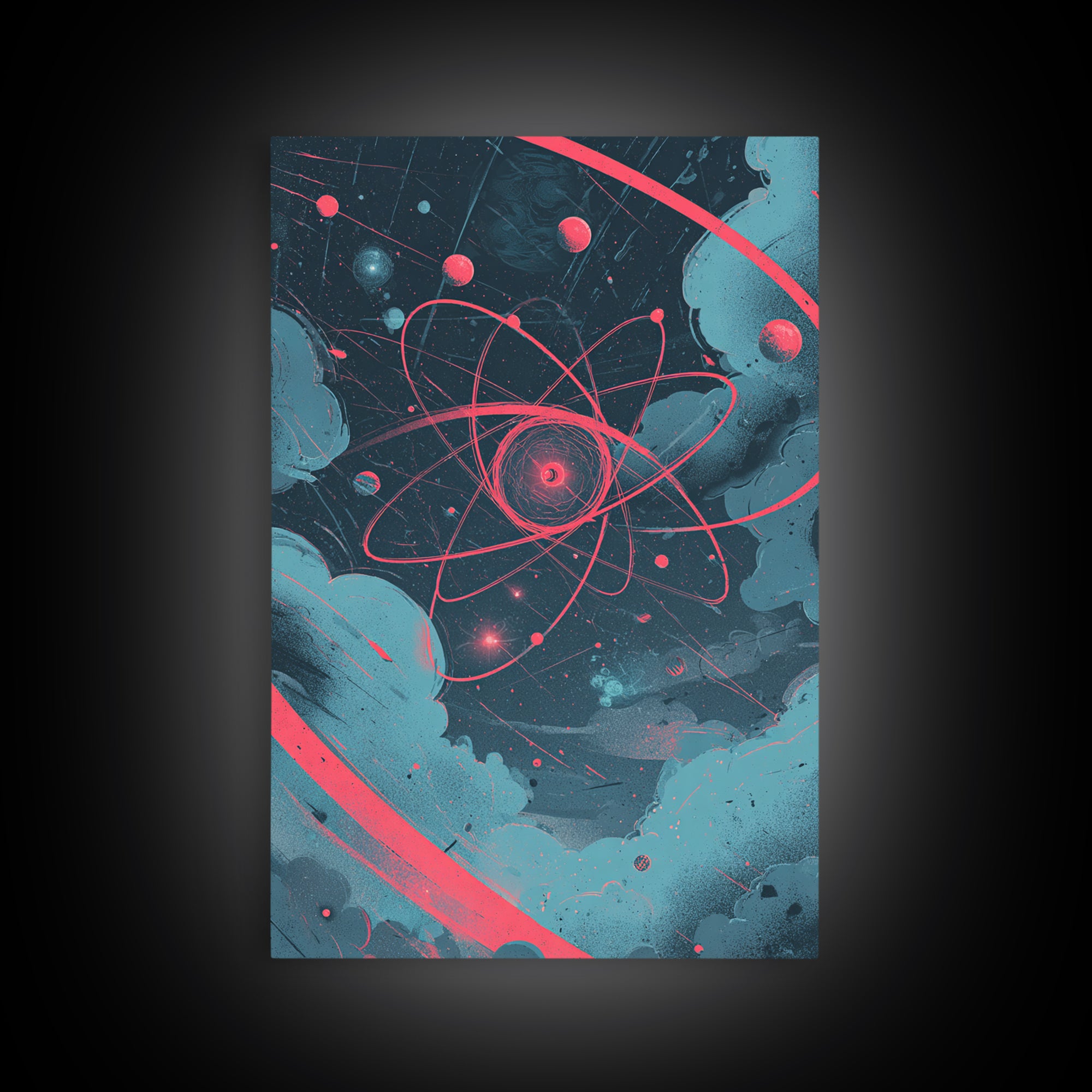 Neon Pink Atom Orbit In Teal Space Canvas Print, Atomic Retro Poster, Modern Abstract Art, Geometric Wall Decor, Mcm Artwork