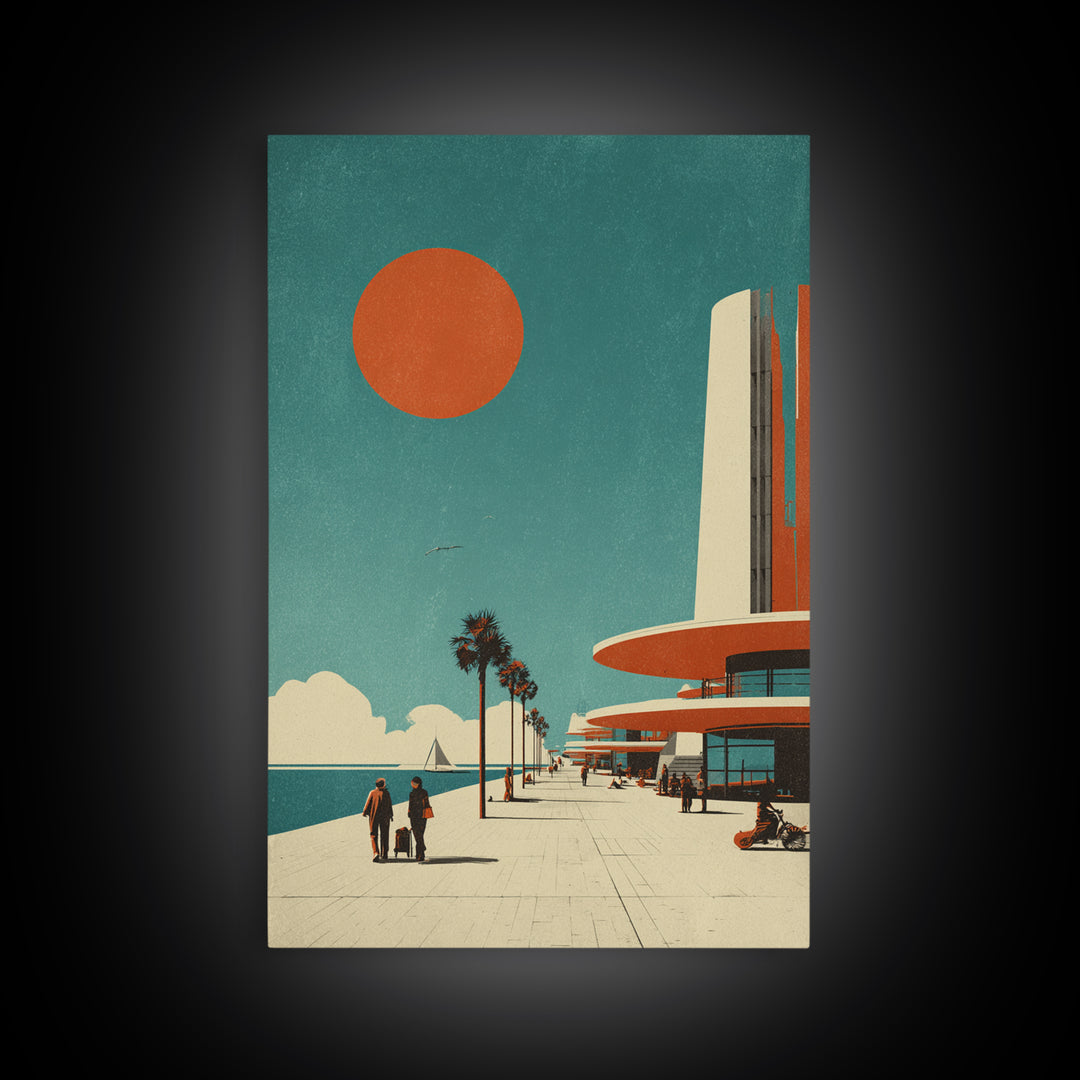 Midcentury Seaside Promenade With Orange Sun Framed Canvas Print, Palm Springs Art, Retro Travel Poster, Modern Wall Decor
