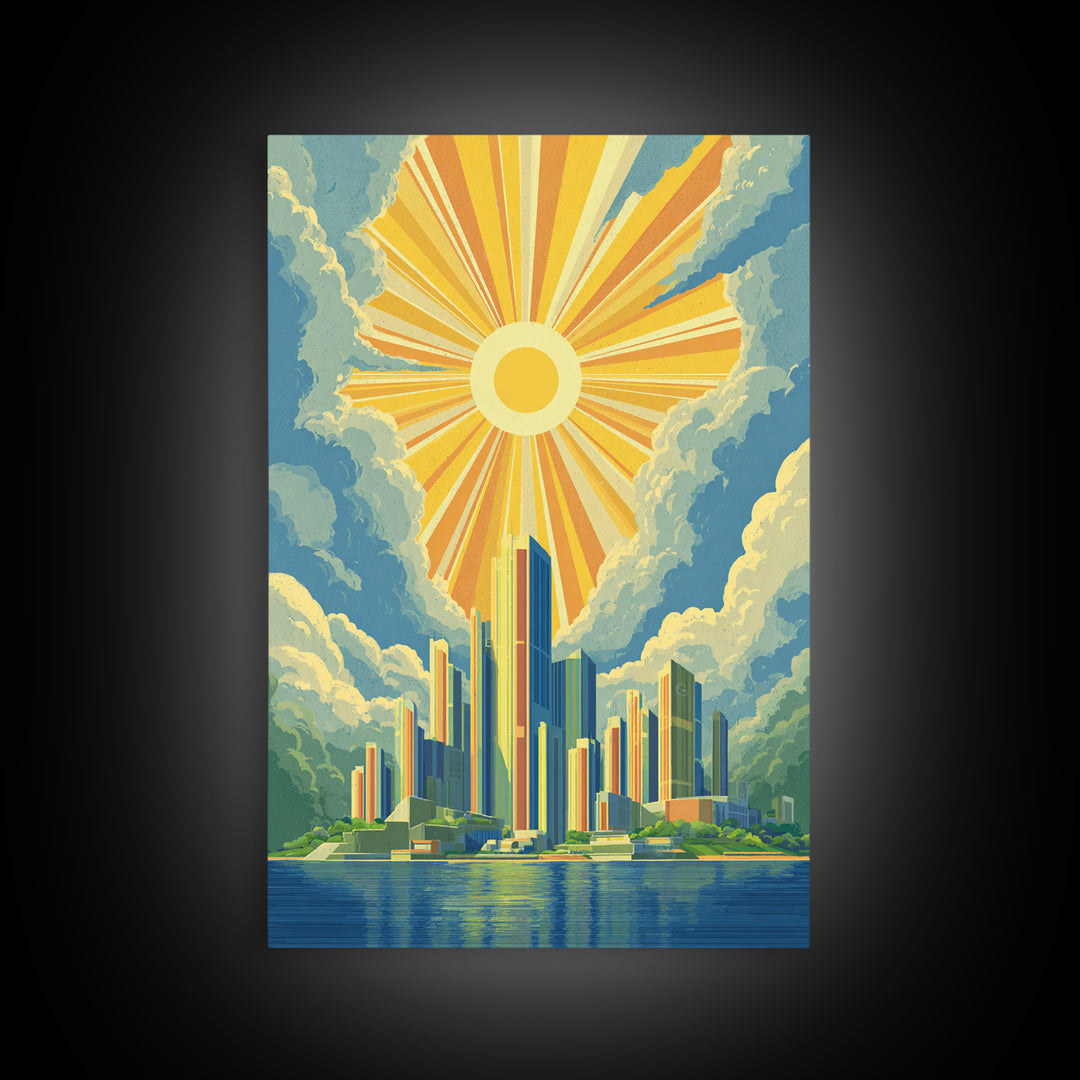 Radiant Futuristic City Sunrise Wall Art, Midcentury Modern Art Print, Retro Skyline Poster, MCM Wall Decor, Living Room Decor