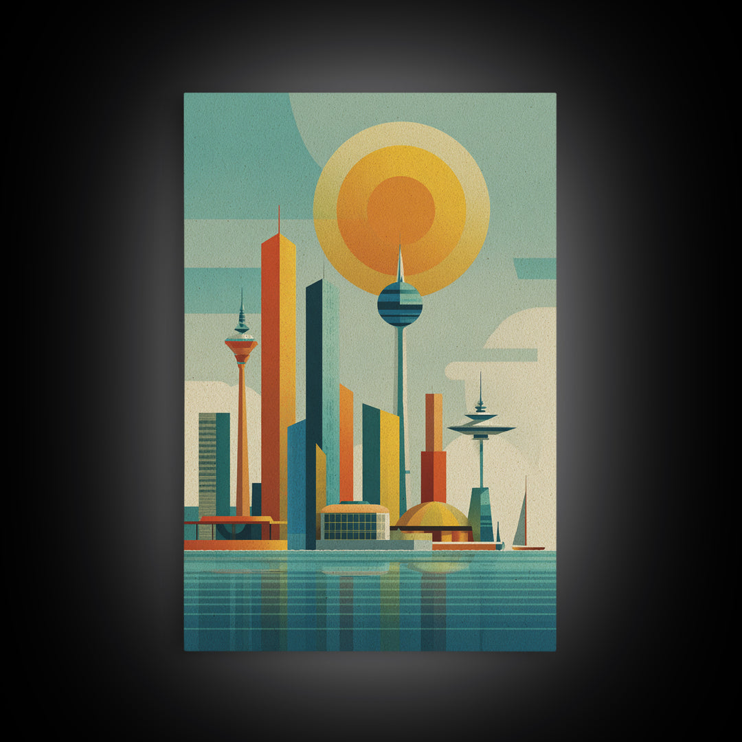 Retro Futuristic Skyline With Orb Sun Canvas Print, Midcentury Modern Wall Art, Atomic City Poster, MCM Decor, Office Wall Decor