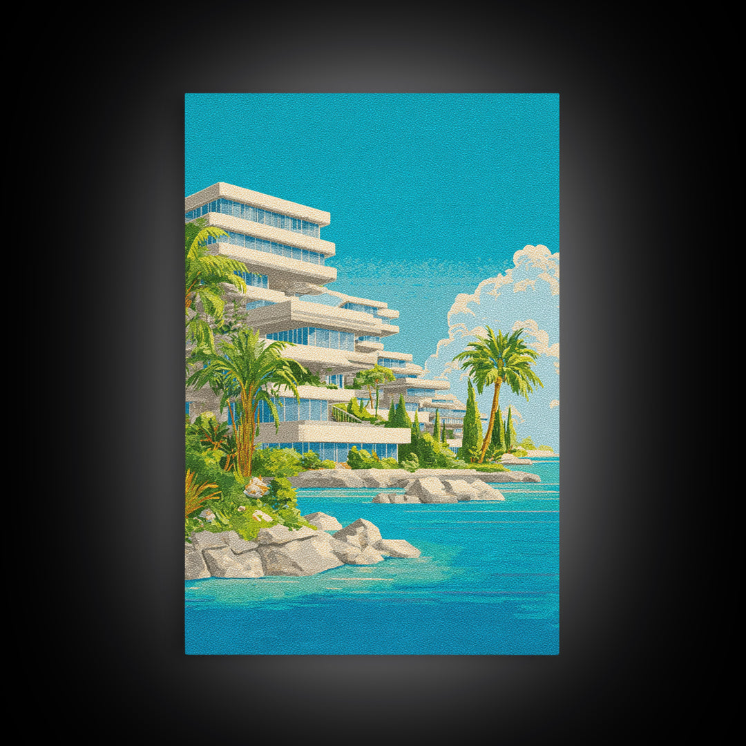 Tropical Modernist Coastal Resort Wall Art, Midcentury Modern Art Print, Palm Tree Ocean Poster, Beach House Decor, Living Room Decor