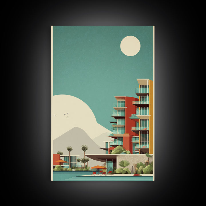 Desert Modern Resort With Moon Framed Canvas Print, Midcentury Modern Wall Art, Palm Springs Poster, Southwestern Home Decor