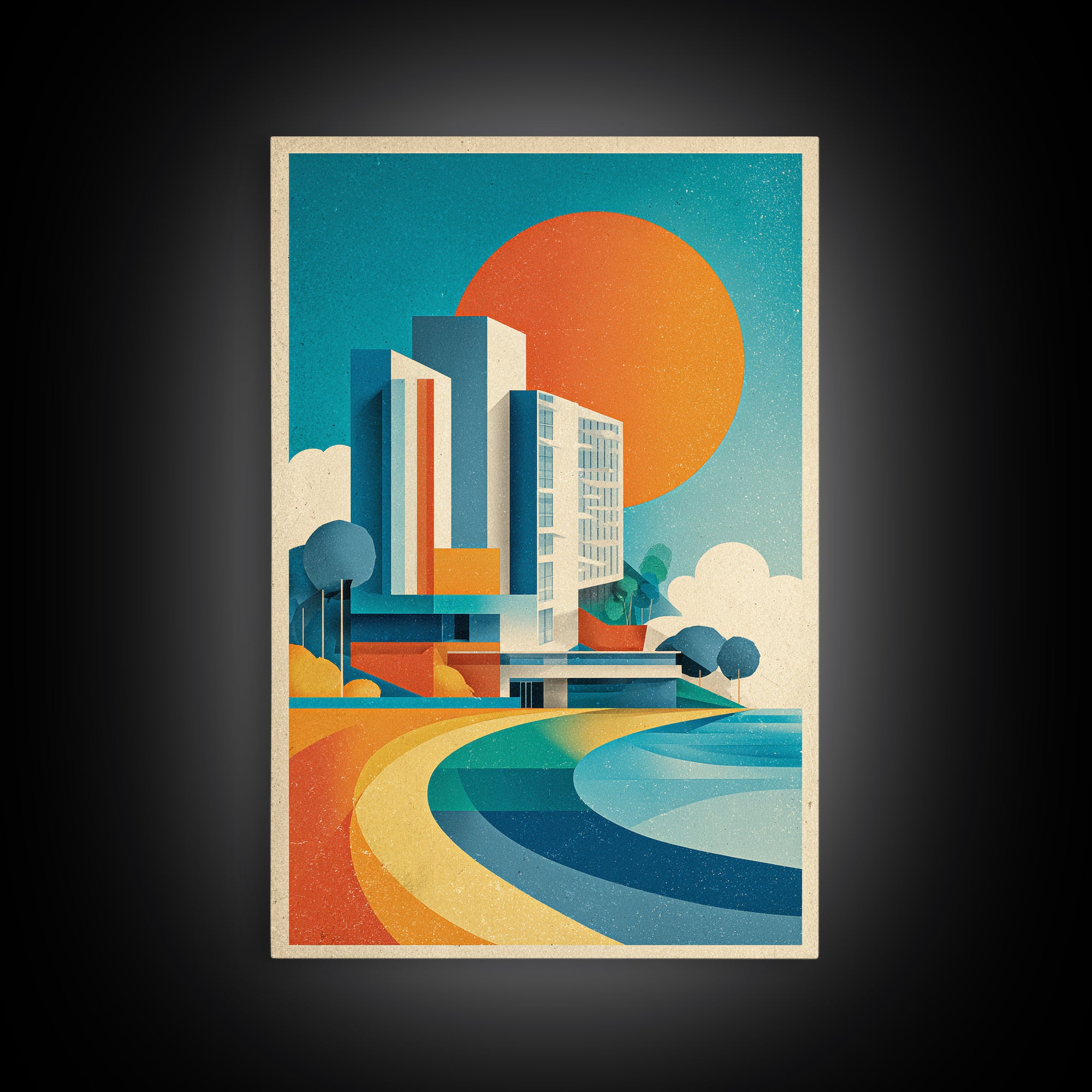 Geometric Modern Building Sunrise Canvas Print, Midcentury Modern Wall Art, Color Block Poster, Bright Abstract Home Decor