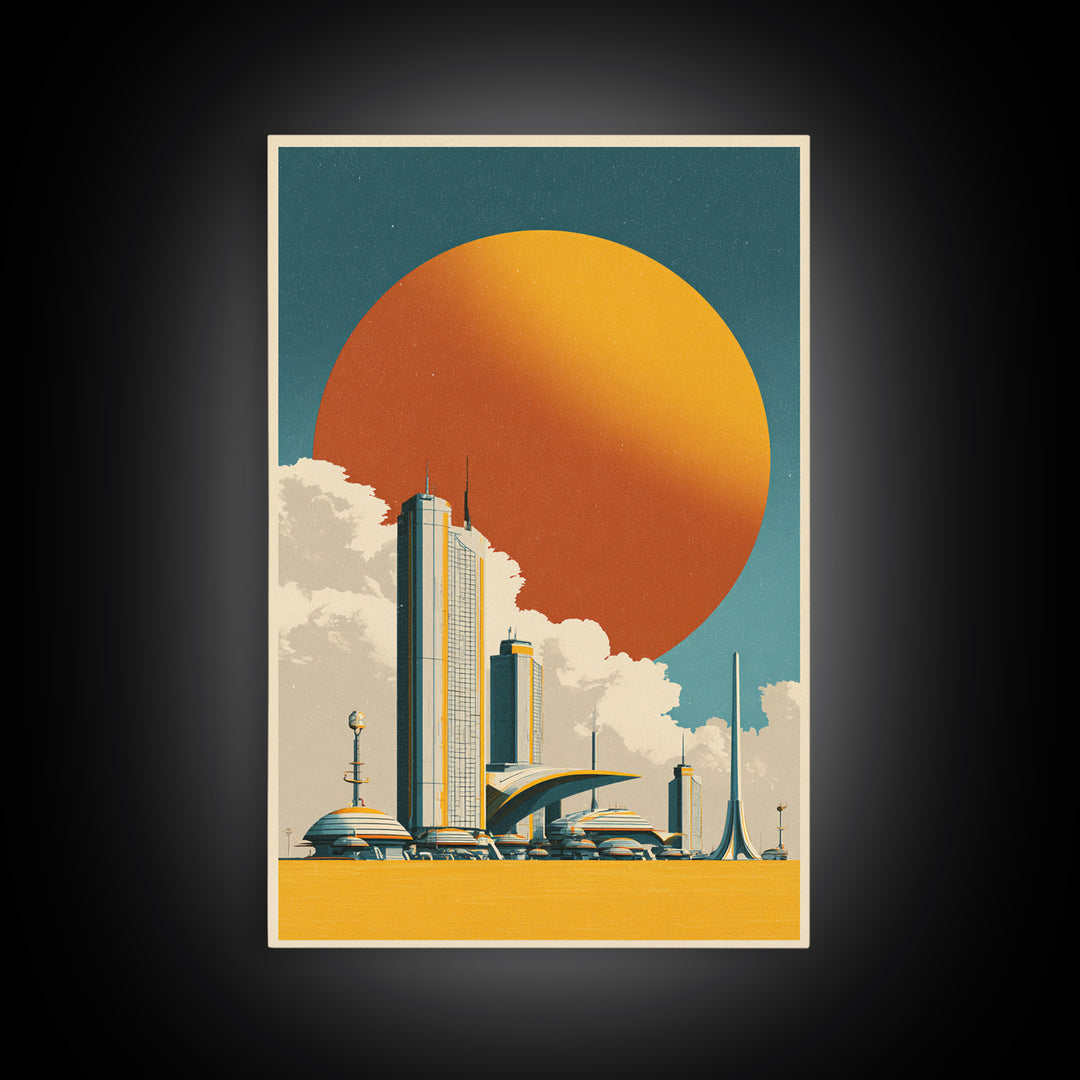 Futuristic City Under Orange Sun Framed Canvas Print, Midcentury Modern Wall Art, Retro Sci Fi Poster, Living Room Decor