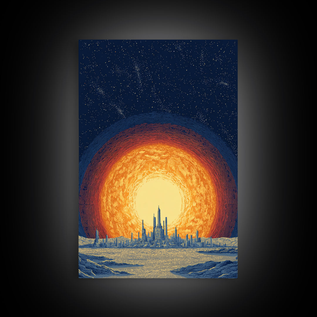 Blazing Solar City At Night Wall Art, Futuristic Midcentury Modern Art Print, Cosmic Retro Poster, Sci Fi Wall Decor, Office Decor