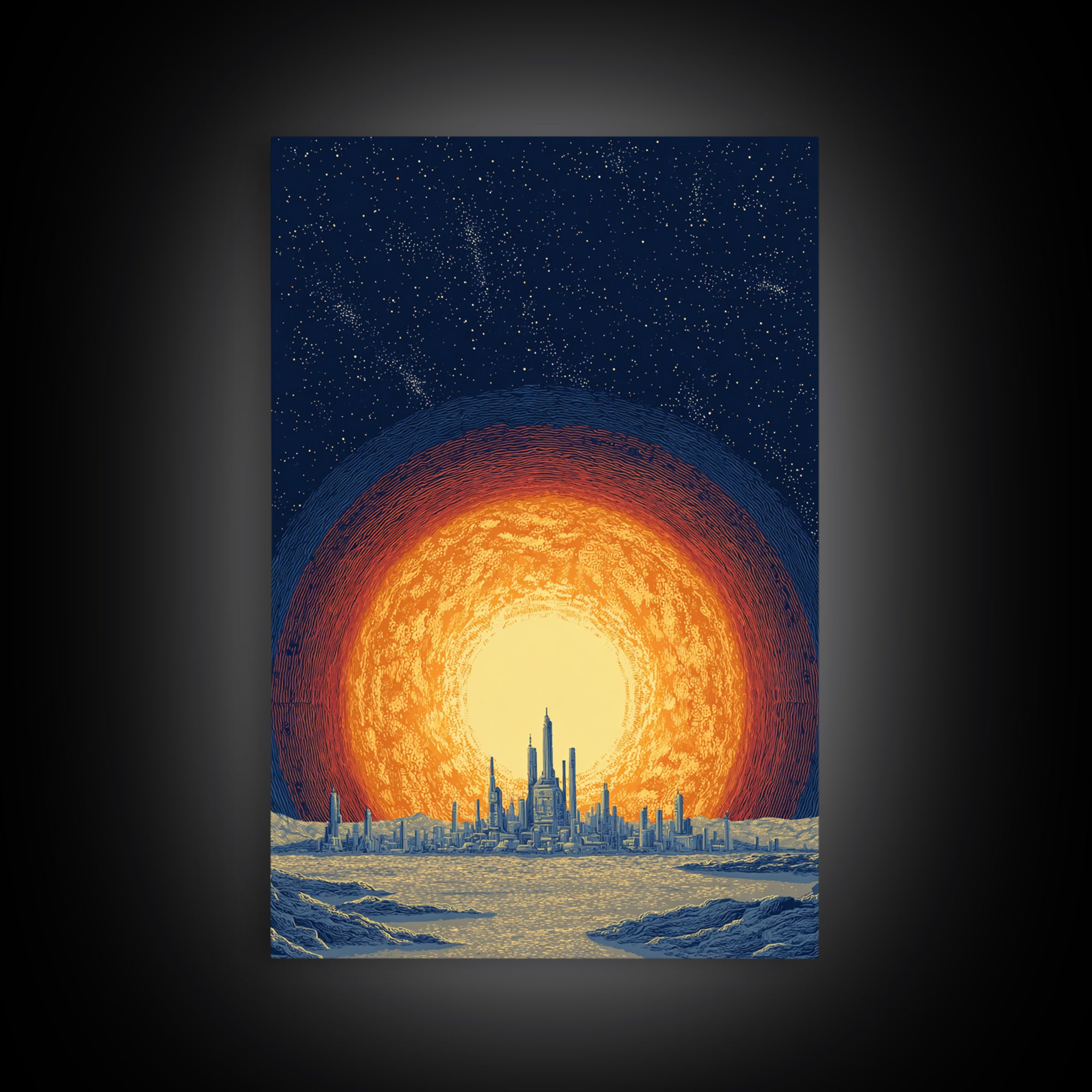 Blazing Solar City At Night Wall Art, Futuristic Midcentury Modern Art Print, Cosmic Retro Poster, Sci Fi Wall Decor, Office Decor
