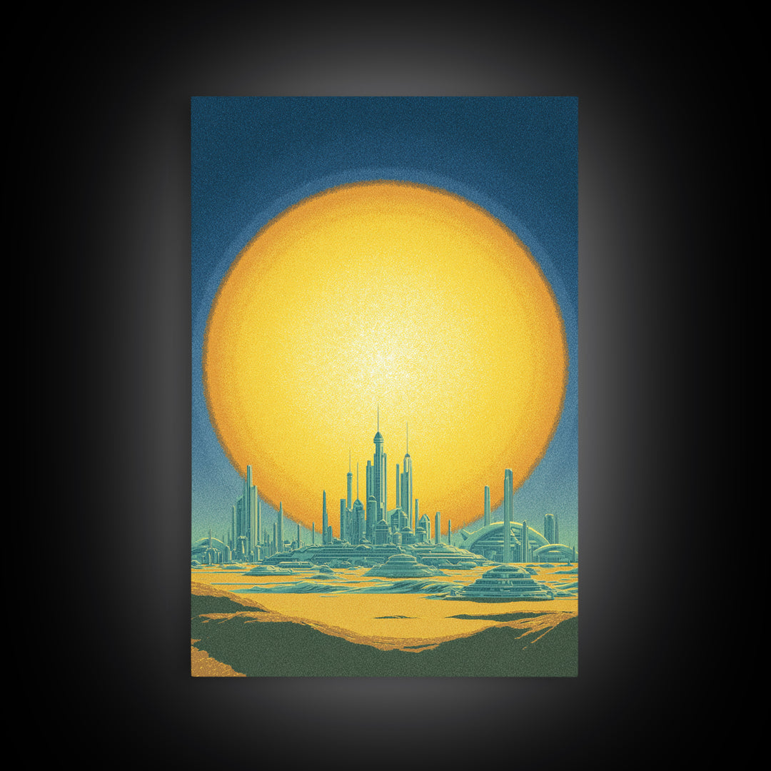 Golden Sun Futuristic Desert Skyline Canvas Print, Midcentury Modern Wall Art, Retro Sci Fi Poster, Modern Living Room Decor