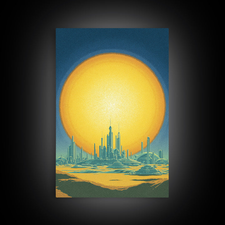 Golden Sun Futuristic Desert Skyline Canvas Print, Midcentury Modern Wall Art, Retro Sci Fi Poster, Modern Living Room Decor