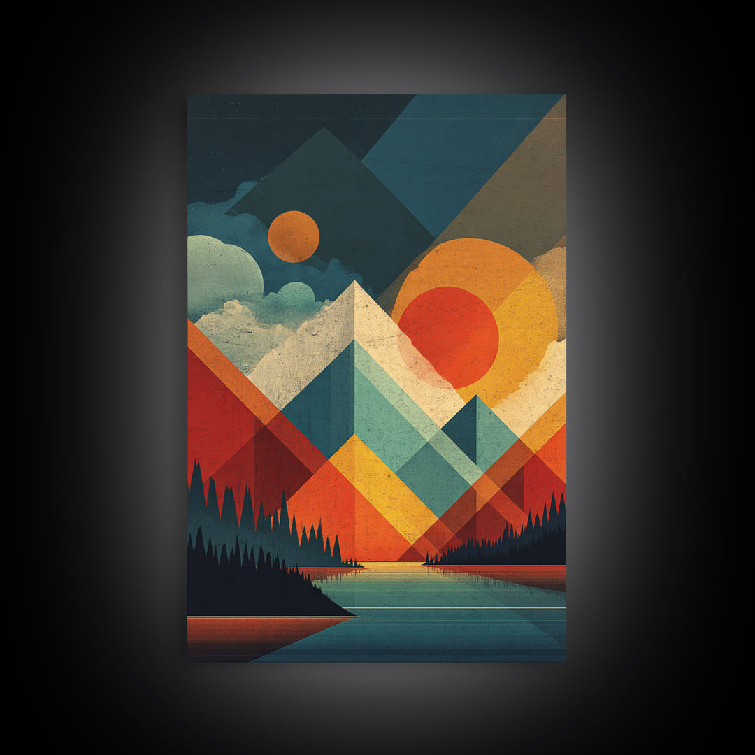 Geometric Mountain Lake Wall Art, Midcentury Modern Abstract Landscape Print, Orange Sun MCM Poster For Living Room Home Decor