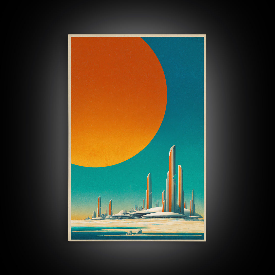 Minimalist Future Towers With Giant Sun Wall Art, Midcentury Modern Art Print, Retro Sci Fi Poster, Abstract Desert Decor