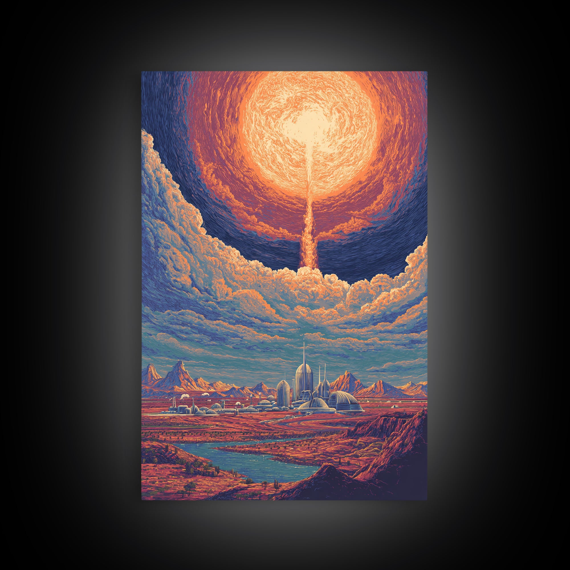 Radiant Solar City And Desert Canyon Wall Art, Retro Sci Fi Landscape Poster, Midcentury Modern Decor, Futuristic Art Print