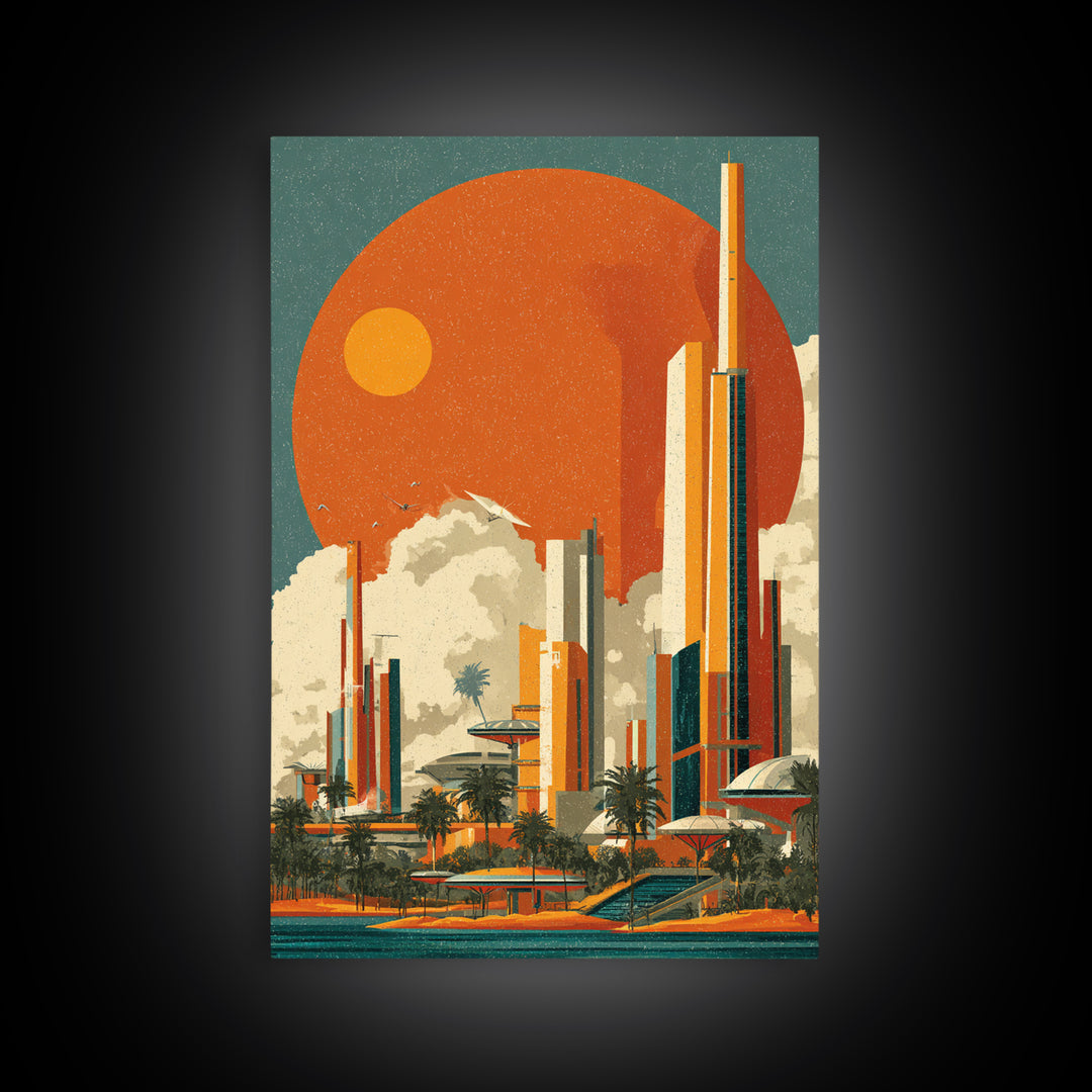 Orange Sun Futuristic Palm City Canvas Print, Retro Travel Poster, Midcentury Modern Wall Decor, Palm Springs Style Art Print