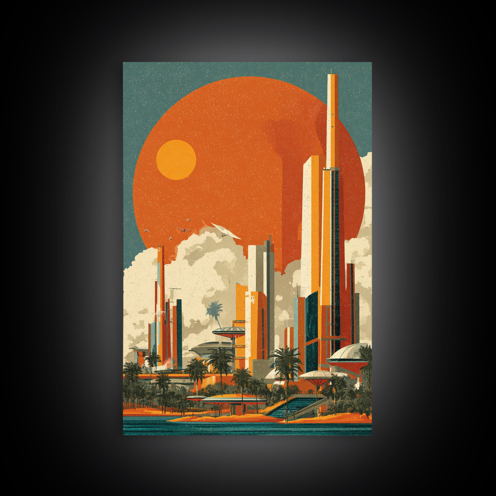 Orange Sun Futuristic Palm City Canvas Print, Retro Travel Poster, Midcentury Modern Wall Decor, Palm Springs Style Art Print