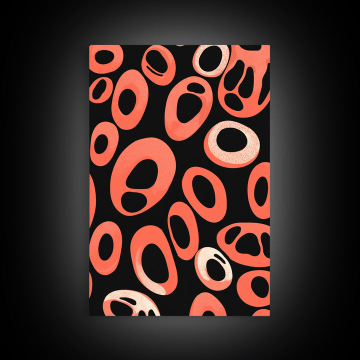 Coral Oval Rings On Black Canvas Print, Bold Retro Abstract Poster, Midcentury Modern Decor, Orange Geometric Wall Art Print