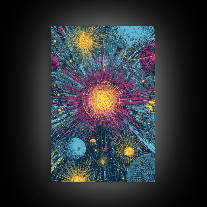Exploding Stars And Planets Wall Art, Colorful Cosmic Retro Poster, Space Abstract Art, Midcentury Modern Decor Print Gift