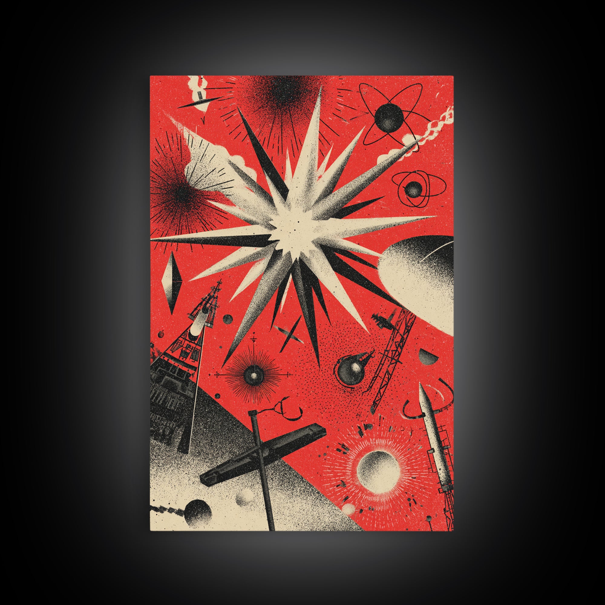 Red Atomic Starburst Space Scene Canvas Print, Retro Sci Fi Poster, Midcentury Modern Wall Decor, Futuristic Art Print Gift
