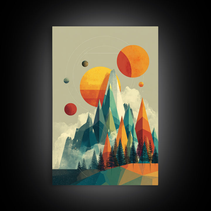 Planets Over Crystal Peaks Canvas Print, Midcentury Modern Space Mountain Wall Art, Retro Geometric MCM Decor For Living Room