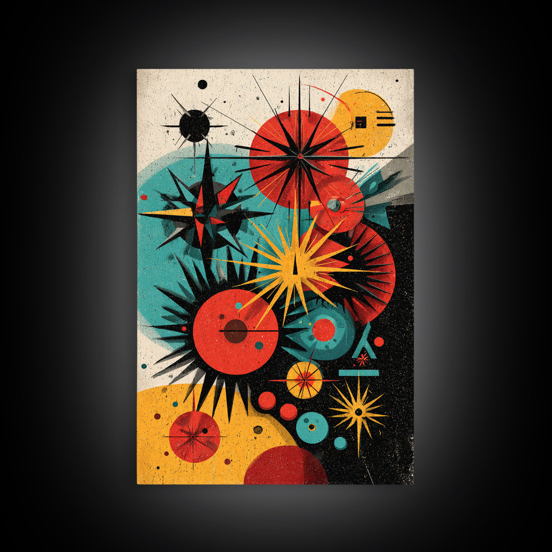Atomic Circles And Starbursts Framed Canvas Print, Midcentury Modern Abstract Poster, Bauhaus Geometric Wall Art Decor Print