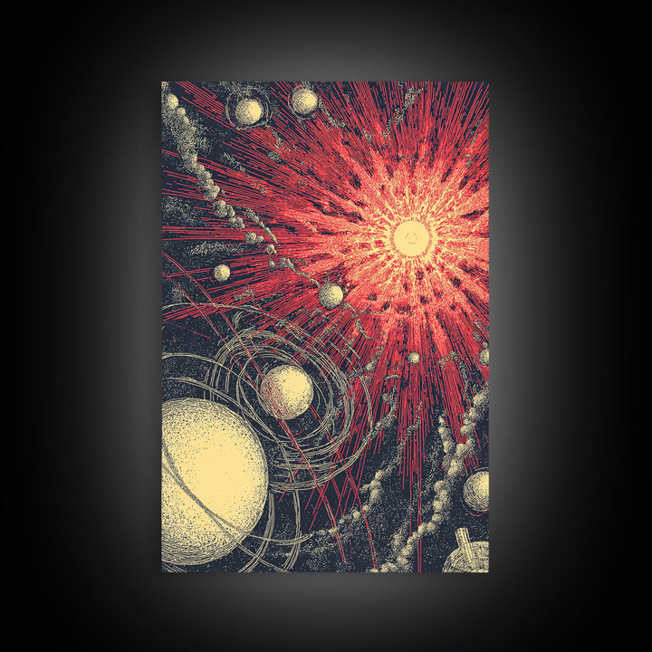 Red Cosmic Sunburst With Orbiting Planets Wall Art, Midcentury Modern Art, Retro Space Poster, Atomic Abstract Decor Prints
