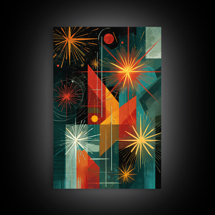 Teal Orange Geometric Fireworks Wall Art, Midcentury Modern Art, Atomic Retro Decor, Bold MCM Wall Decor Poster Print Gift