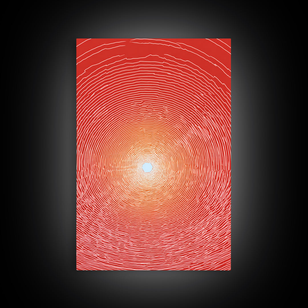 Radiant Red Concentric Sun Framed Canvas Print, Minimalist Wall Art, Modern Abstract Art, Retro Geometric Decor Poster Print