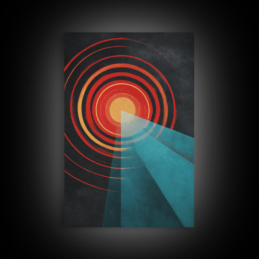 Red Target Sun With Blue Light Beams Wall Art, Modern Abstract Art, Retro Space Poster, Geometric Home Decor Print Gift Idea