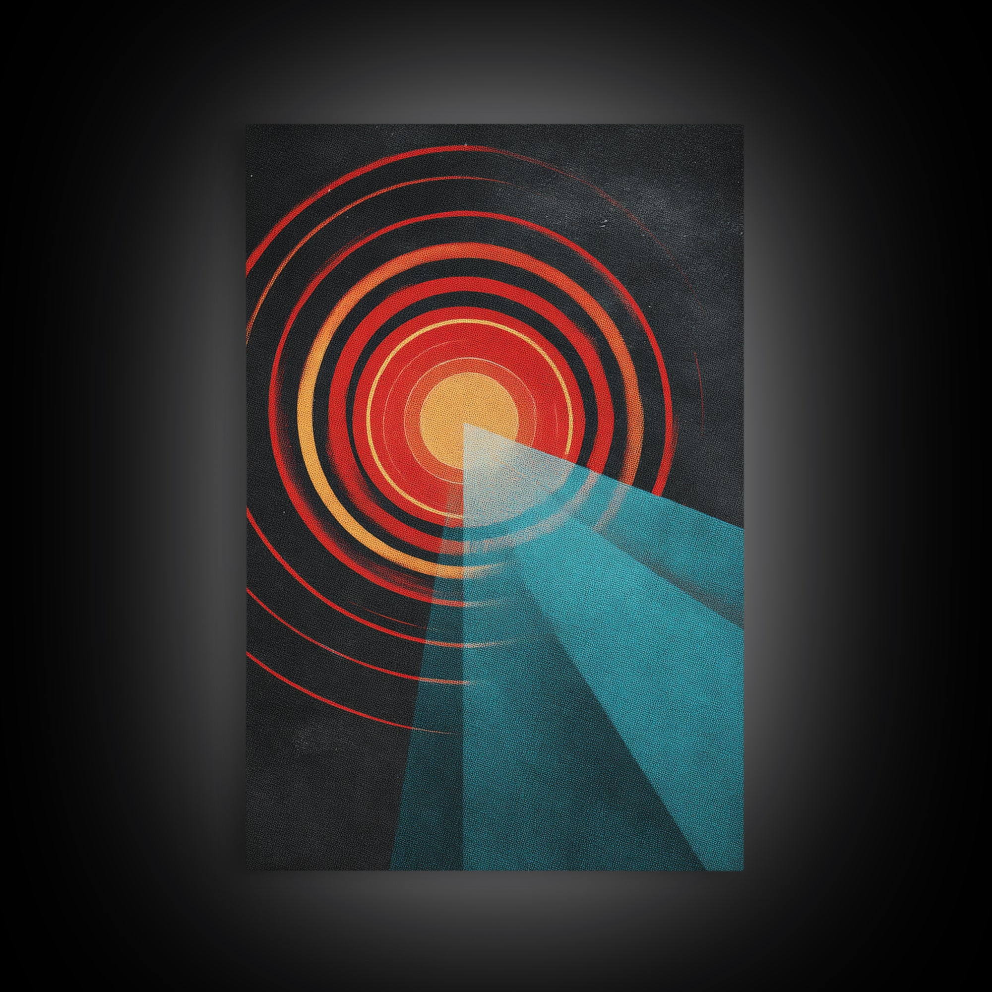 Red Target Sun With Blue Light Beams Wall Art, Modern Abstract Art, Retro Space Poster, Geometric Home Decor Print Gift Idea