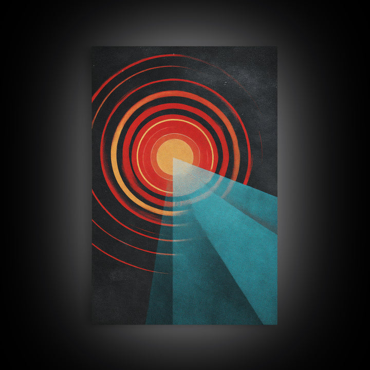 Red Target Sun With Blue Light Beams Wall Art, Modern Abstract Art, Retro Space Poster, Geometric Home Decor Print Gift Idea