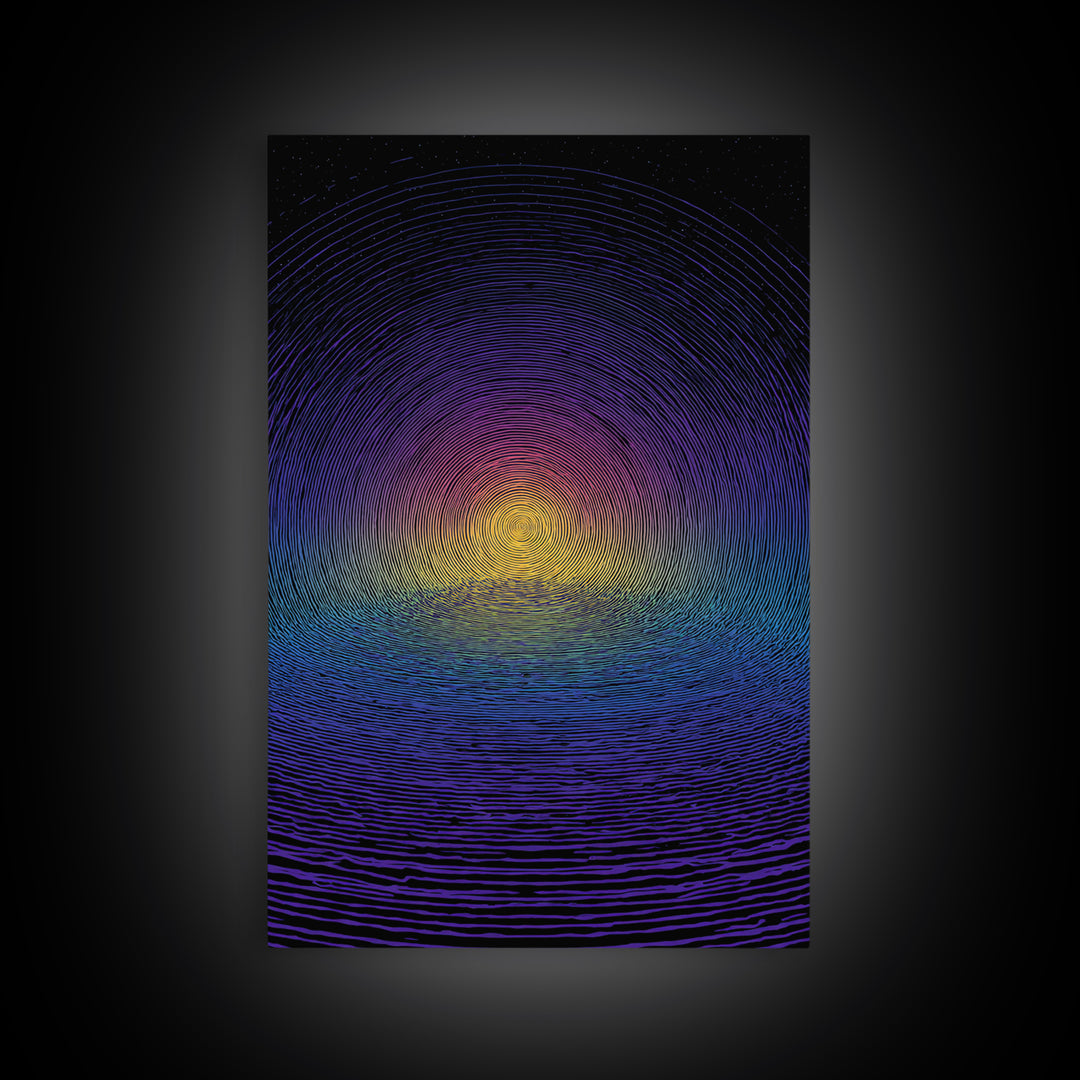 Blue Purple Ripple Sunset Canvas Print, Modern Abstract Wall Art, Retro Psychedelic Poster, Minimalist Home Decor Artwork
