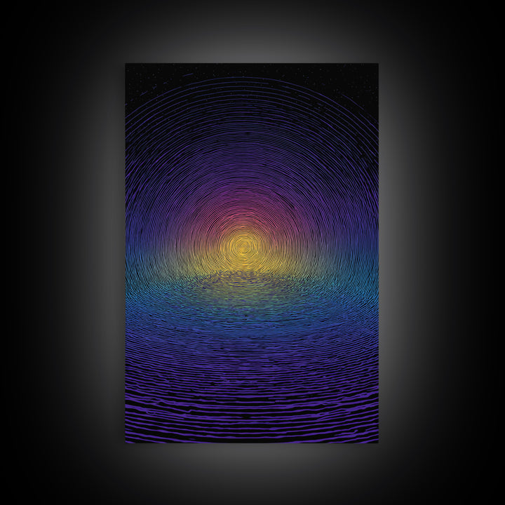 Blue Purple Ripple Sunset Canvas Print, Modern Abstract Wall Art, Retro Psychedelic Poster, Minimalist Home Decor Artwork