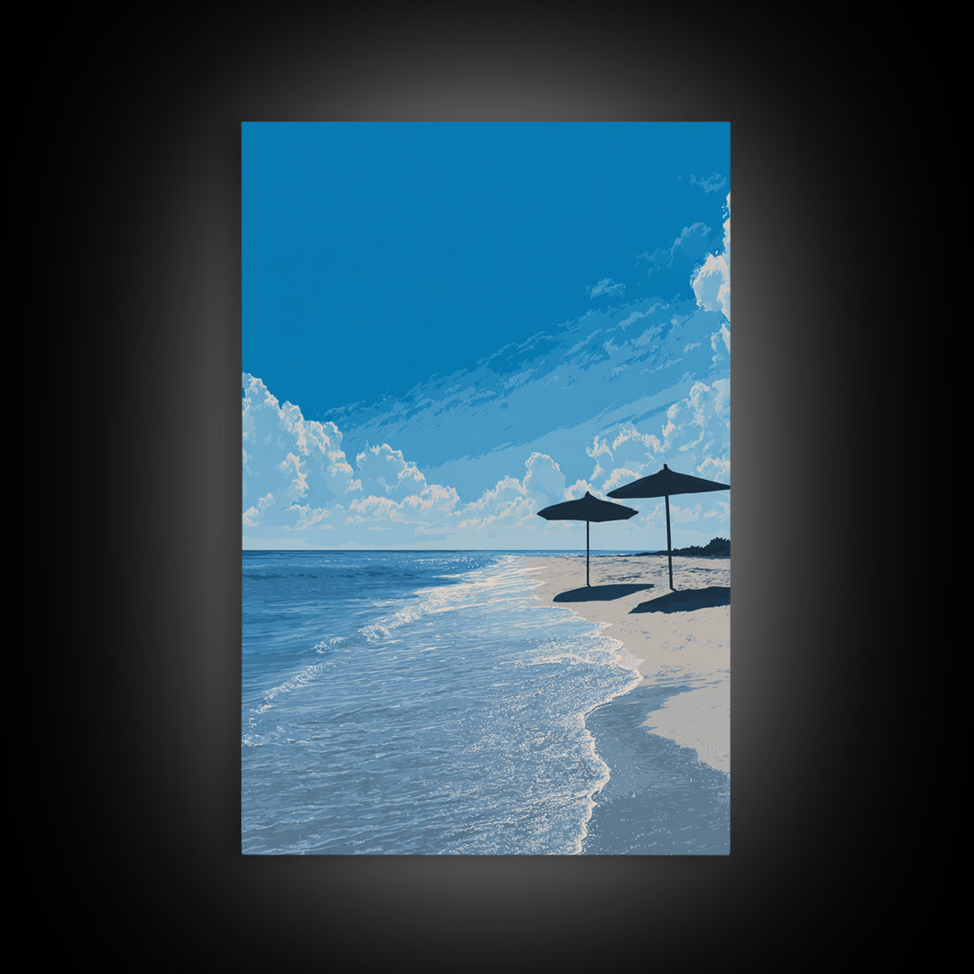 Sunny Blue Beach Umbrellas Canvas Print, Coastal Wall Art, Modern Travel Poster, Ocean View Decor, Serene Living Room Art