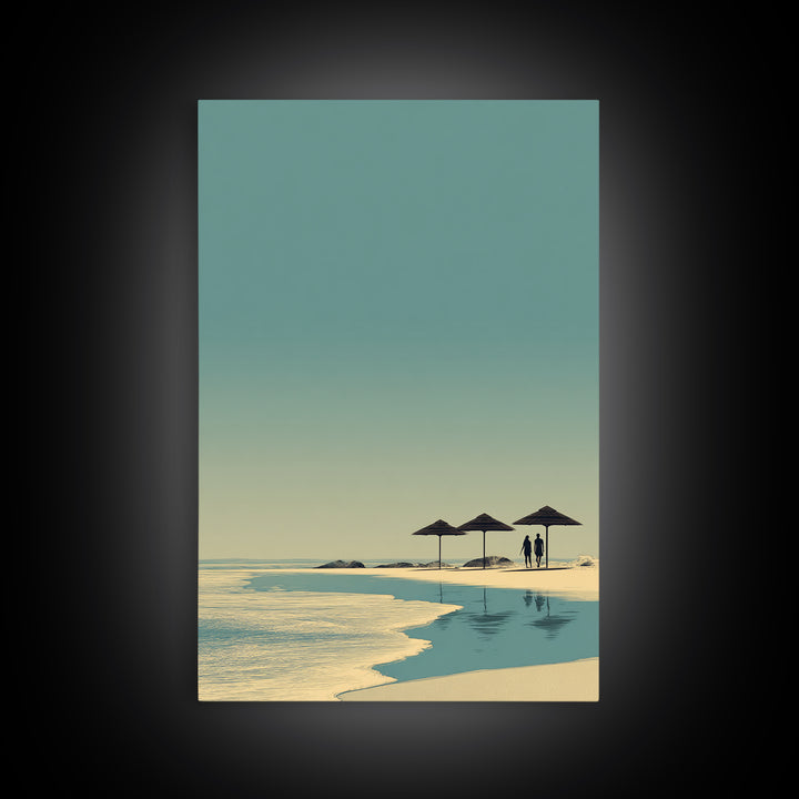 Minimal Beach Umbrellas Framed Canvas Print, Neutral Coastal Wall Art, Modern Landscape Poster, Serene Ocean Bedroom Decor