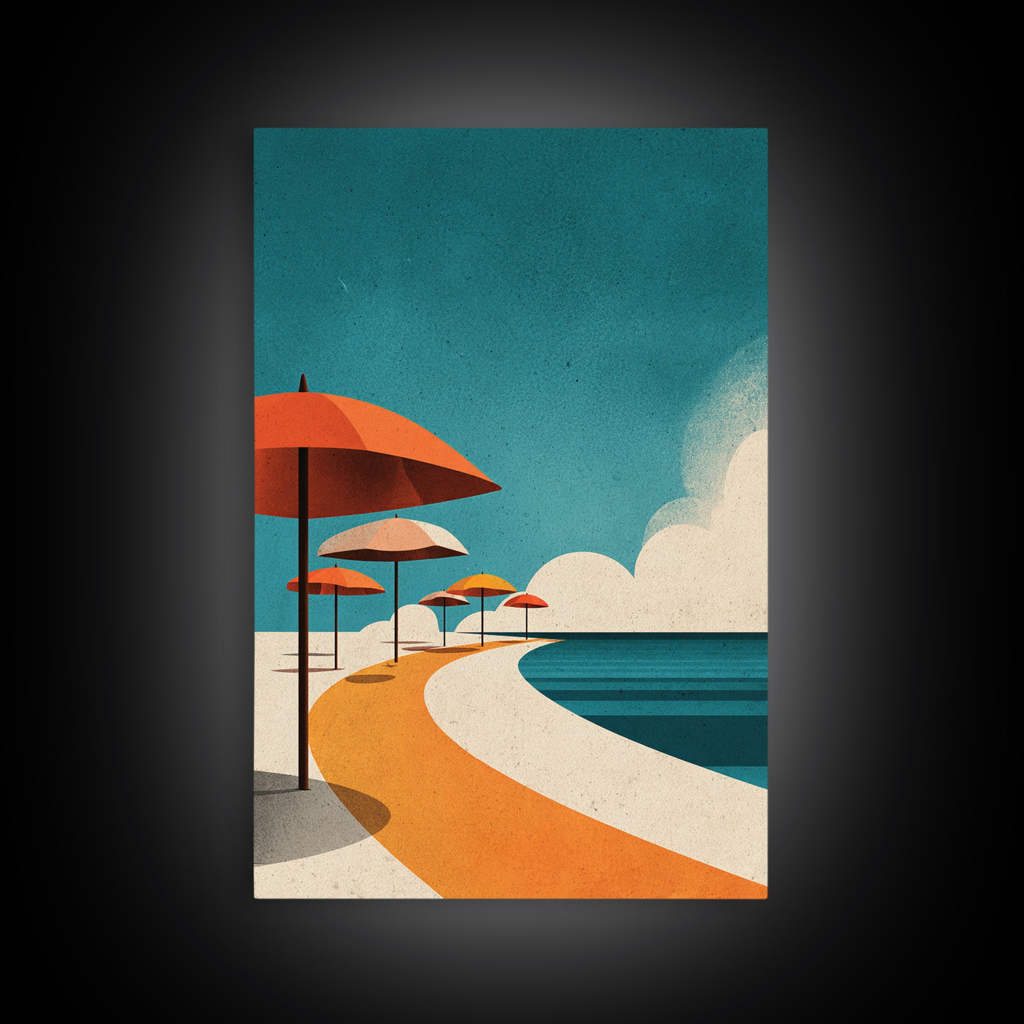 Orange Umbrella Boardwalk Canvas Print, Midcentury Modern Wall Art, Retro Beach Poster, Coastal MCM Home Decor, Palm Springs Style