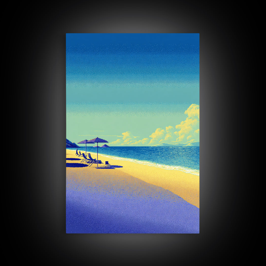 Vibrant Pixel Beach Canvas Print, Retro Travel Poster Wall Art, Coastal Modern Decor, Colorful Ocean Living Room Print Gift