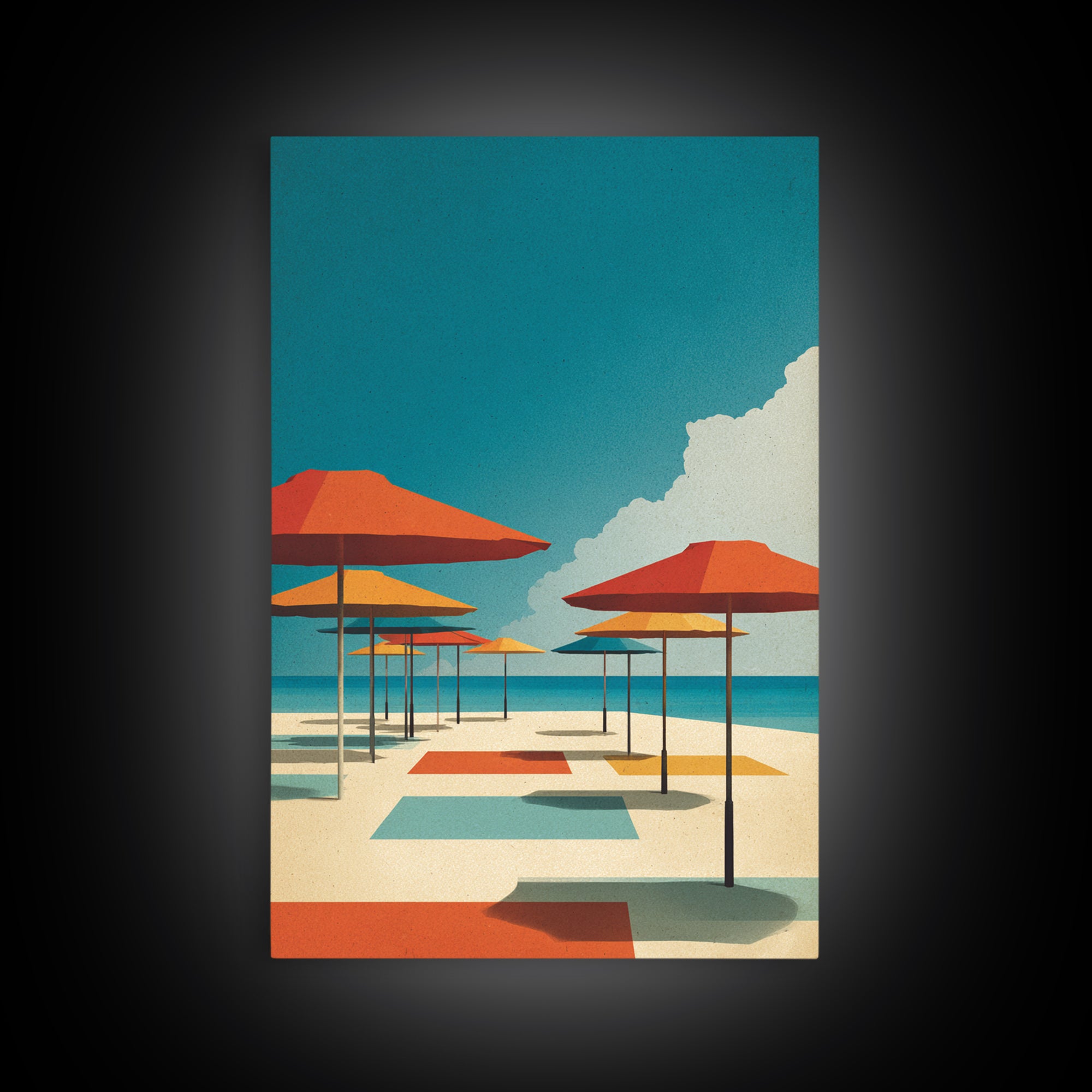 Retro Orange Beach Umbrellas Wall Art, Midcentury Modern Canvas Print, Coastal Poster, Bold MCM Living Room Home Wall Decor